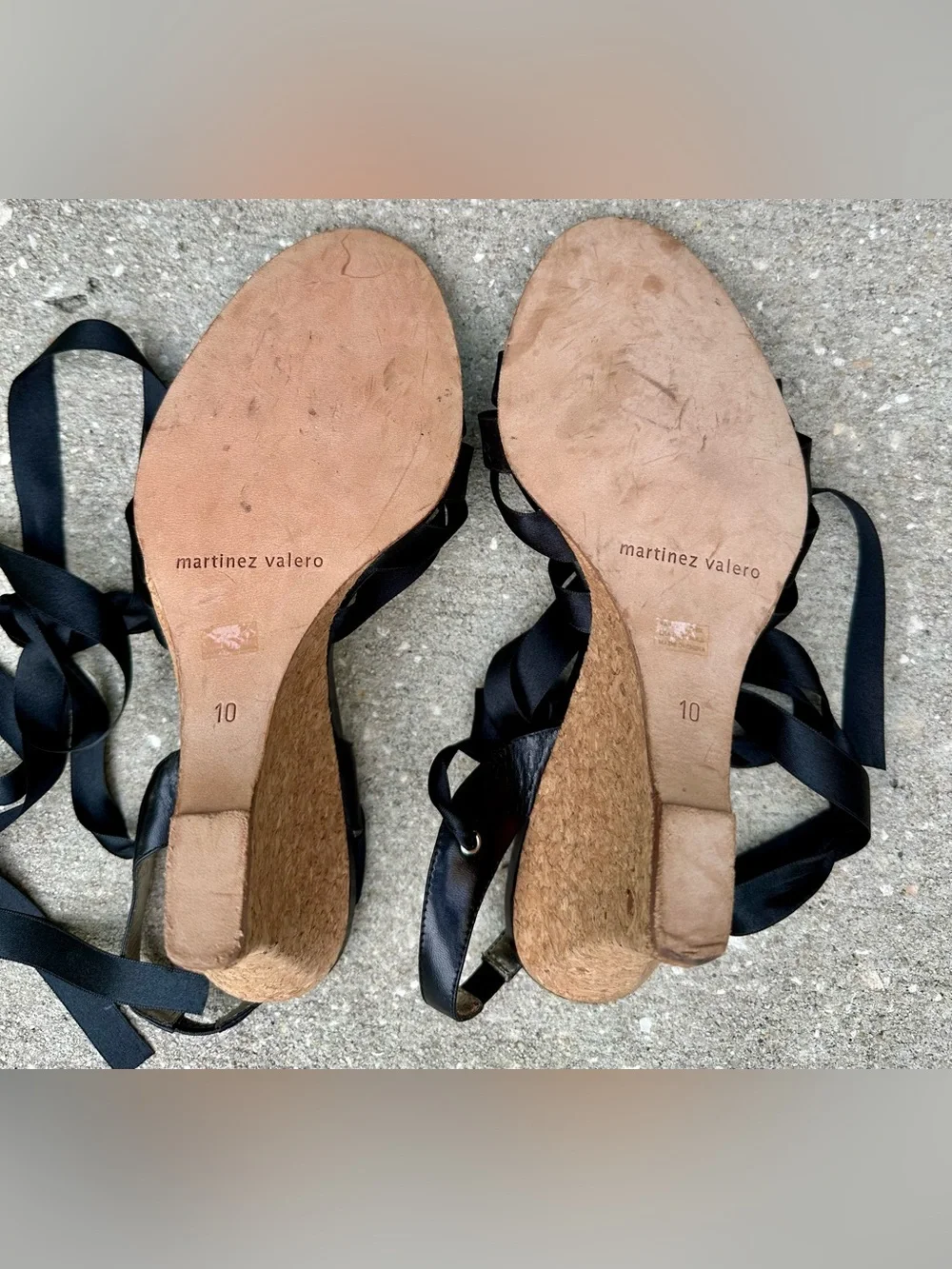 Vintage Martinez Valero Black Satin Ribbon Cork Wedge Sandals Women's 10